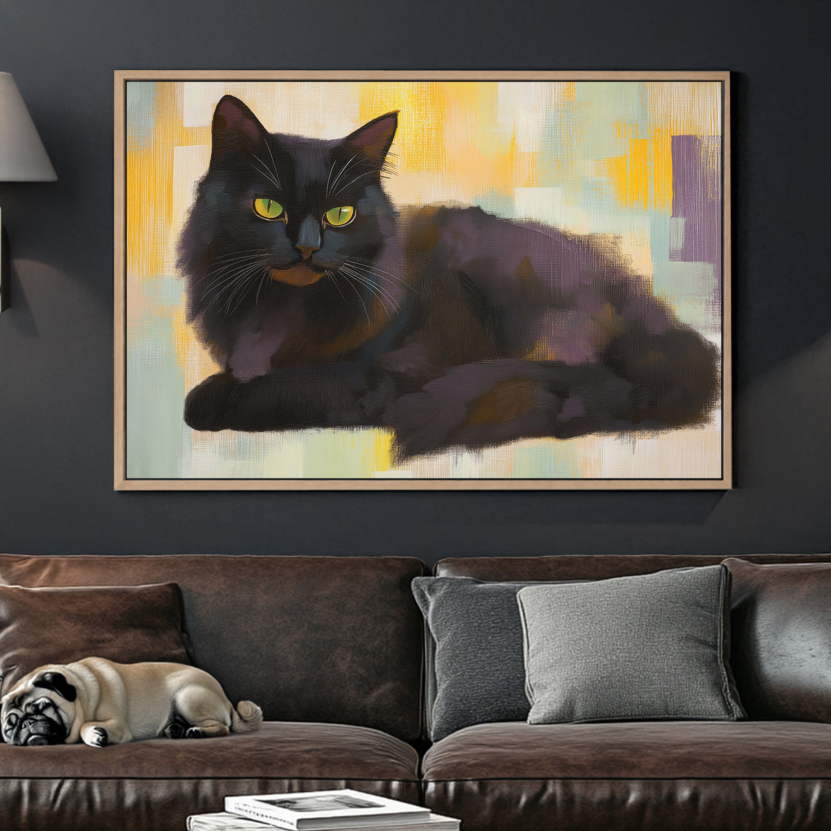 Wall art of a black cat with yellow eyes on a textured abstract background