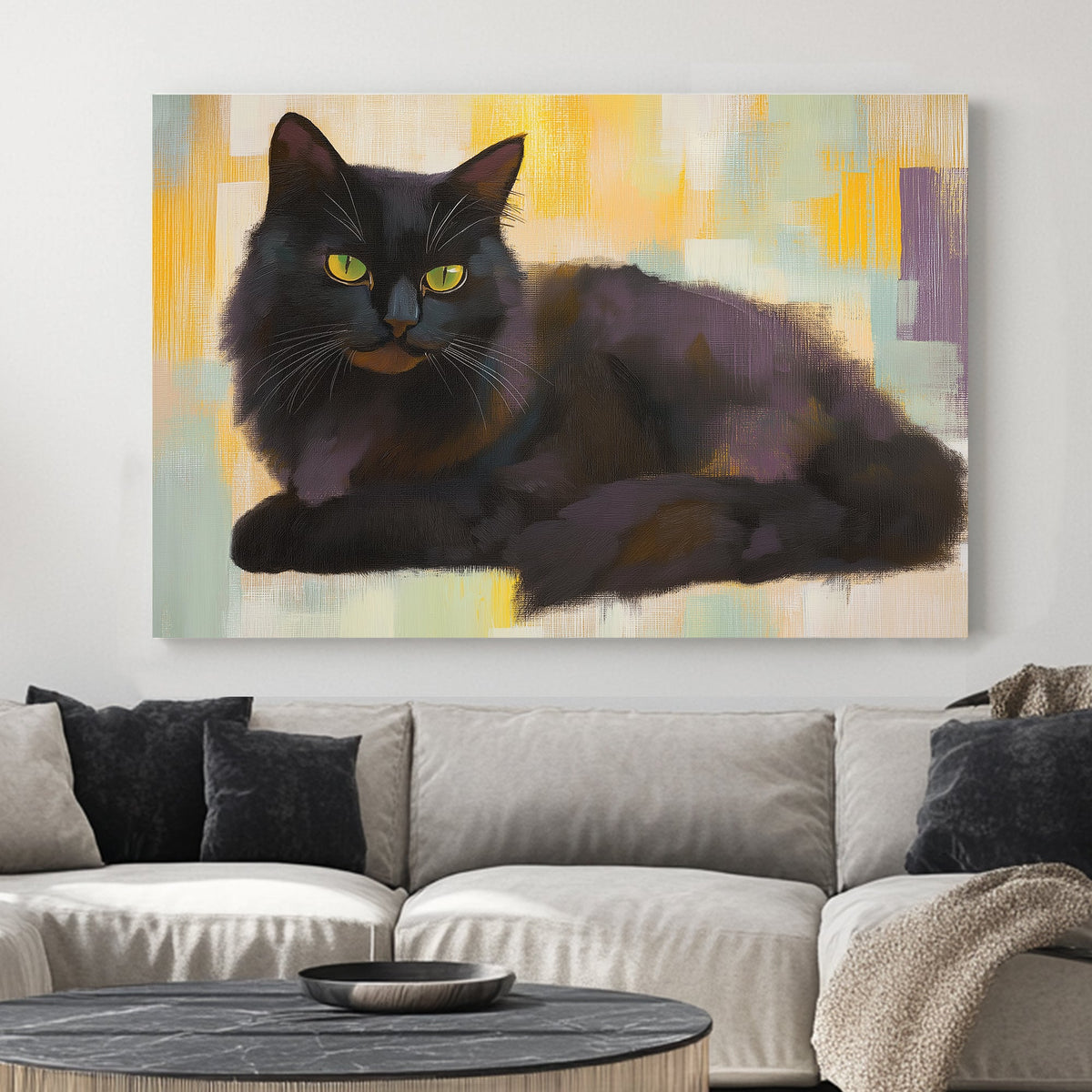 Wall art of a black cat with yellow eyes on a textured abstract background
