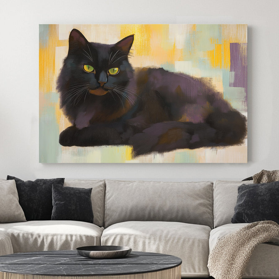 Wall art of a black cat with yellow eyes on a textured abstract background