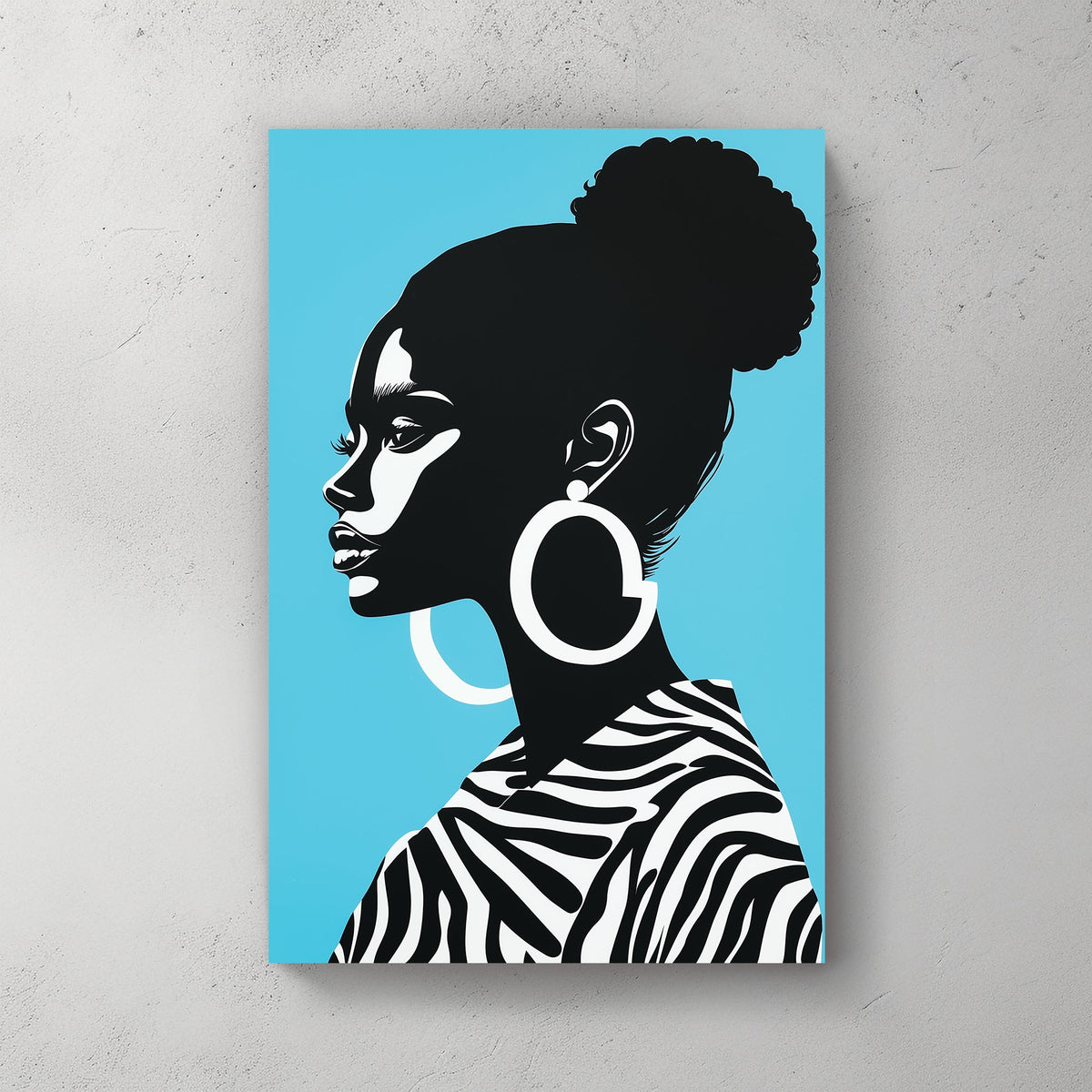 Wall art of a stylish woman in zebra print with turquoise background