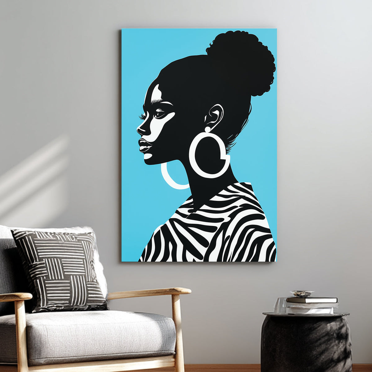 Wall art of a stylish woman in zebra print with turquoise background