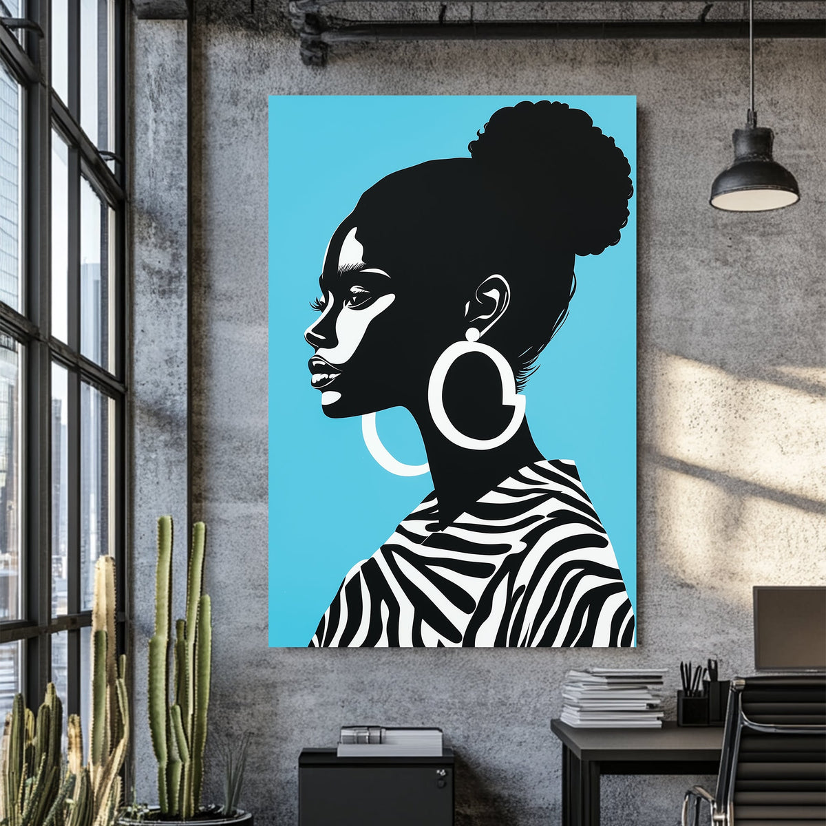 Wall art of a stylish woman in zebra print with turquoise background