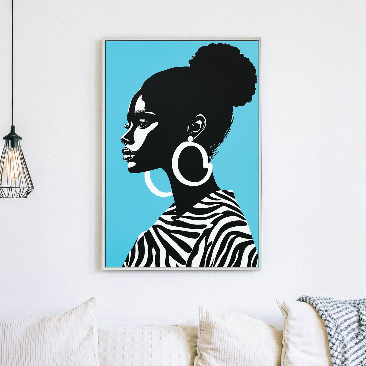 Wall art of a stylish woman in zebra print with turquoise background
