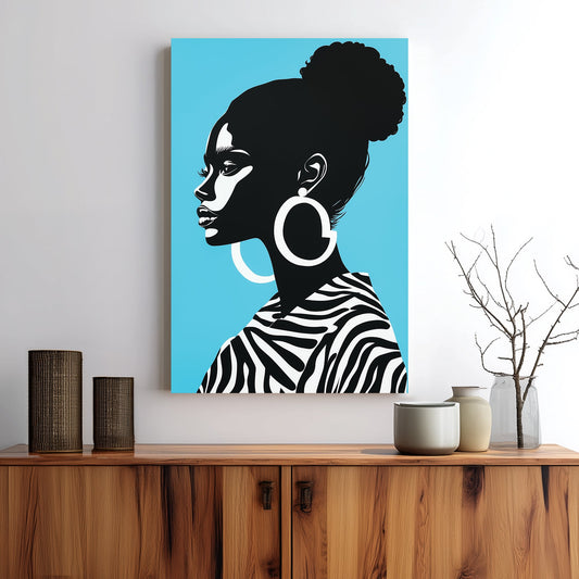 Wall art of a stylish woman in zebra print with turquoise background