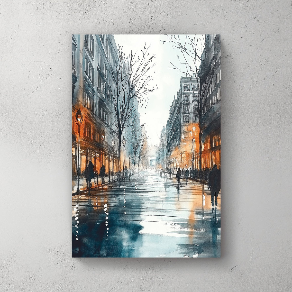 Wall art of a rainy city street with glowing windows and people walking