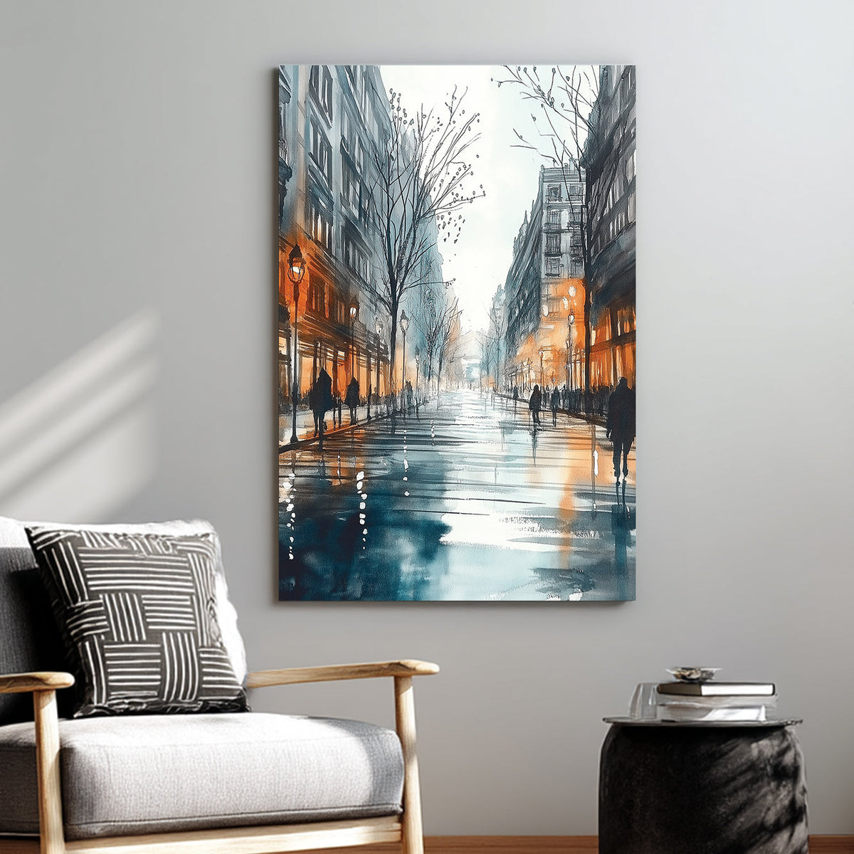 Wall art of a rainy city street with glowing windows and people walking