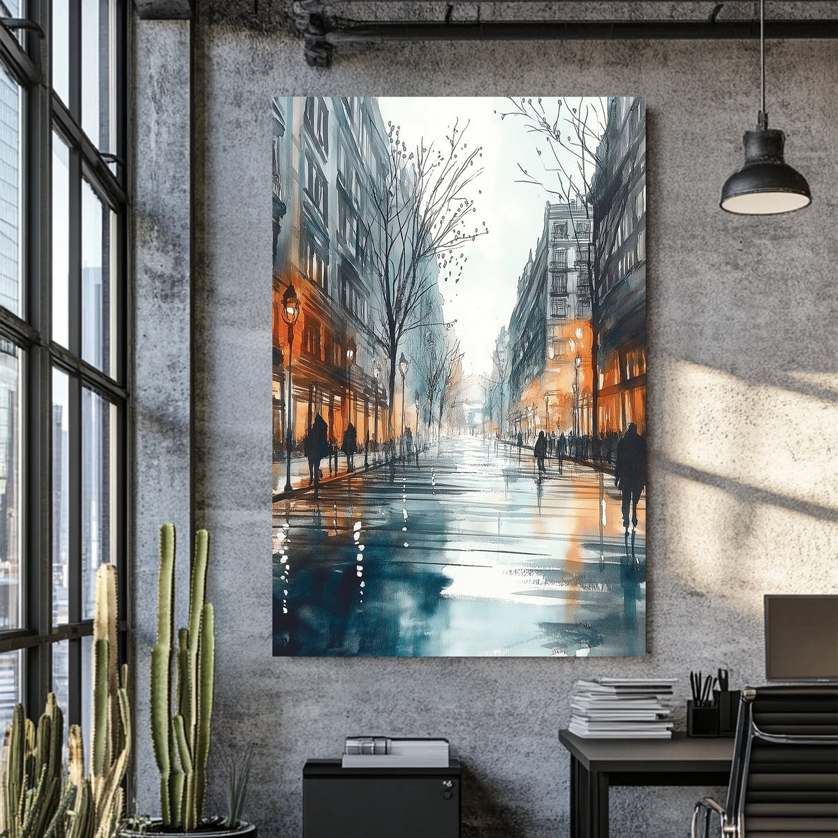 Wall art of a rainy city street with glowing windows and people walking