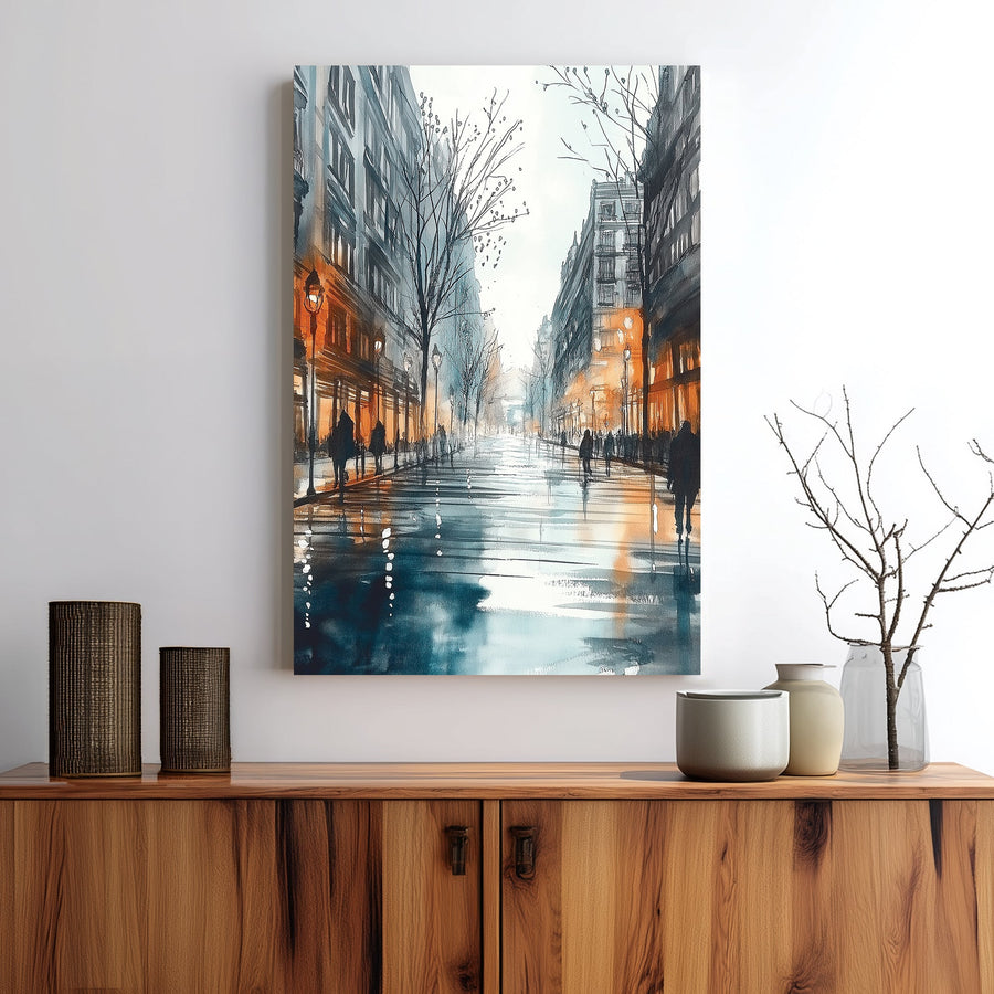 Wall art of a rainy city street with glowing windows and people walking