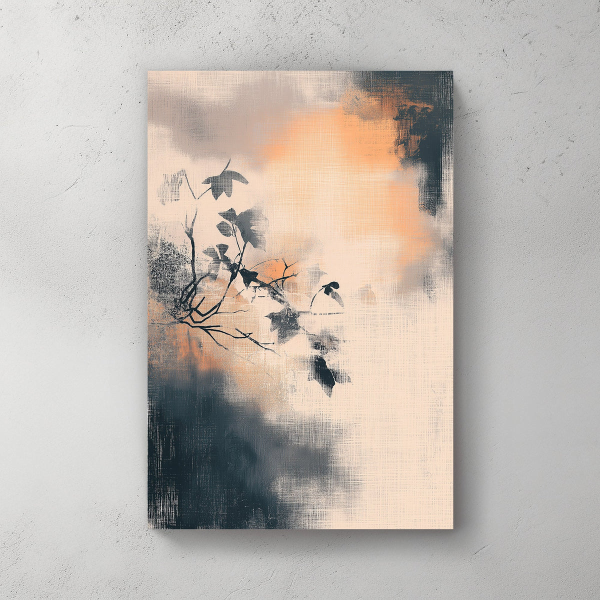 Minimalist wall art of a branch with leaves over a textured, smoky background