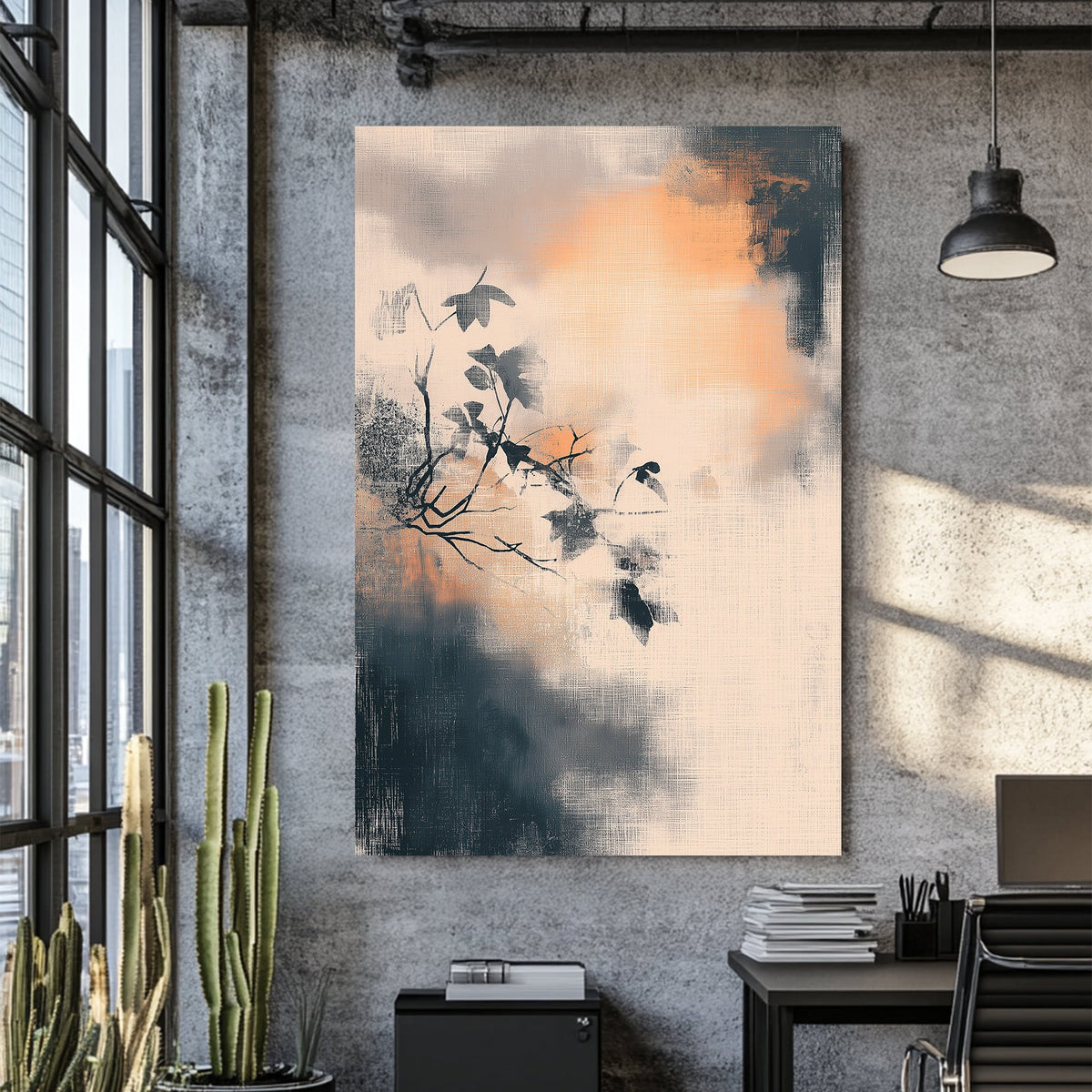 Minimalist wall art of a branch with leaves over a textured, smoky background