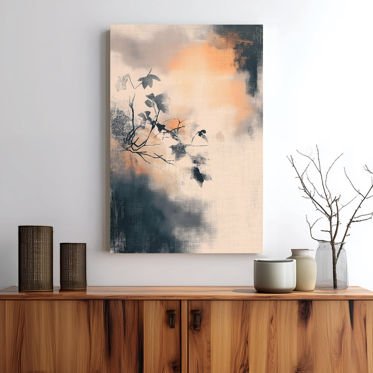 Minimalist wall art of a branch with leaves over a textured, smoky background