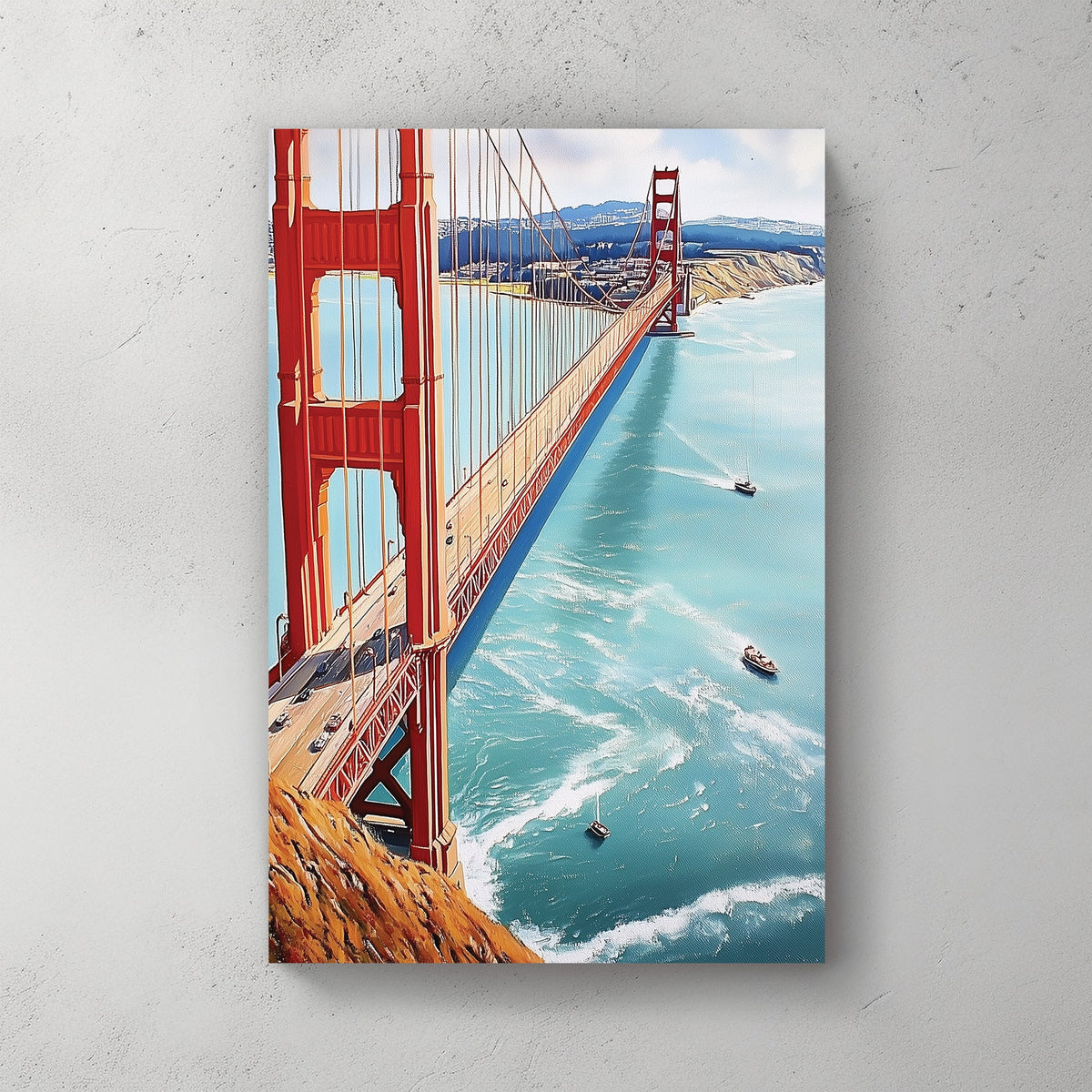 Golden Gate Bridge wall art with turquoise ocean and sailboats below