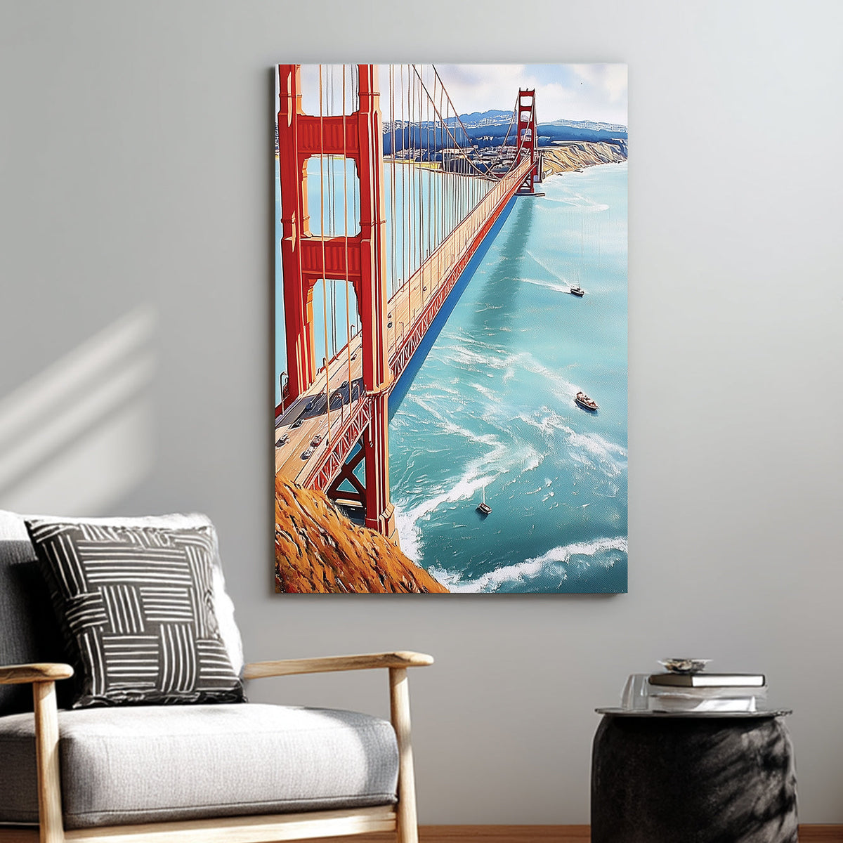 Golden Gate Bridge wall art with turquoise ocean and sailboats below