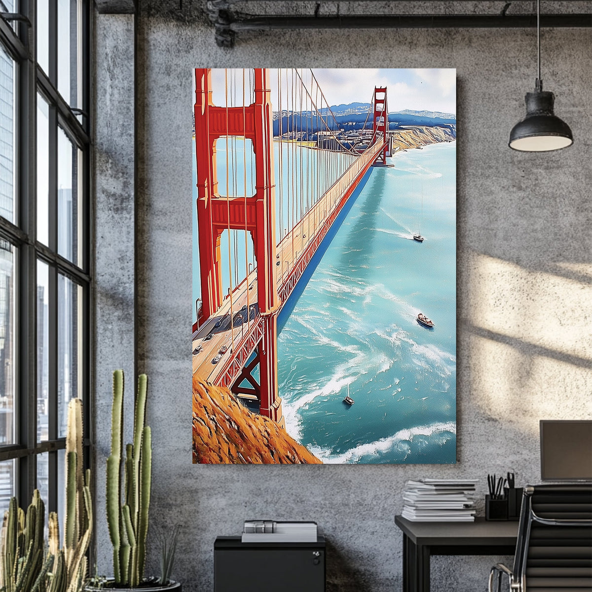 Golden Gate Bridge wall art with turquoise ocean and sailboats below