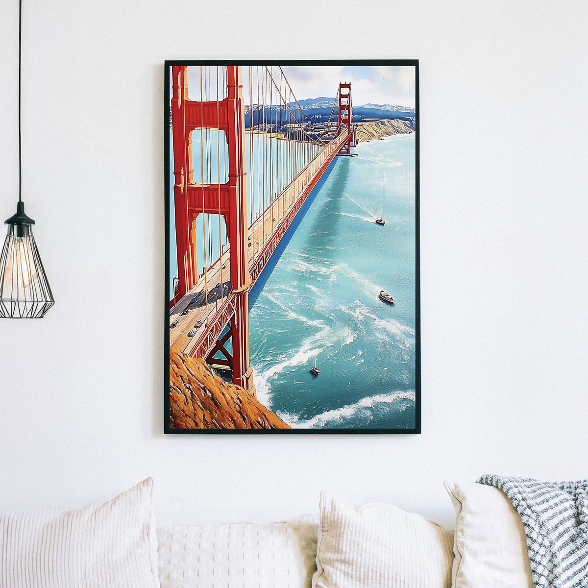 Golden Gate Bridge wall art with turquoise ocean and sailboats below
