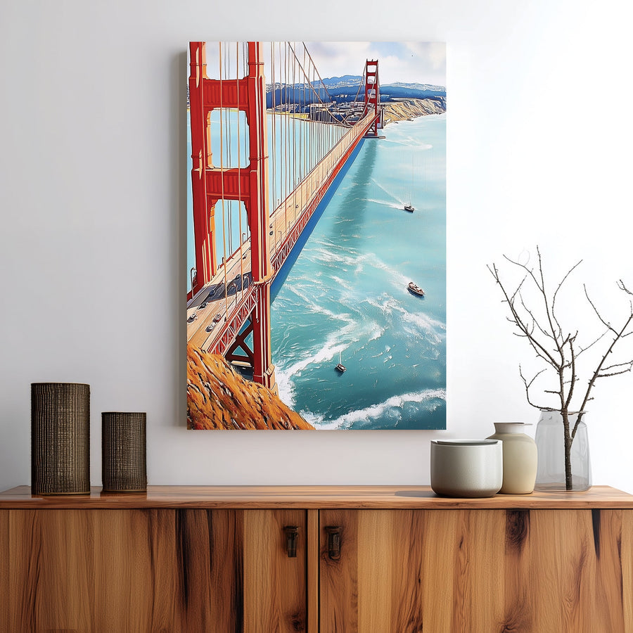 Golden Gate Bridge wall art with turquoise ocean and sailboats below