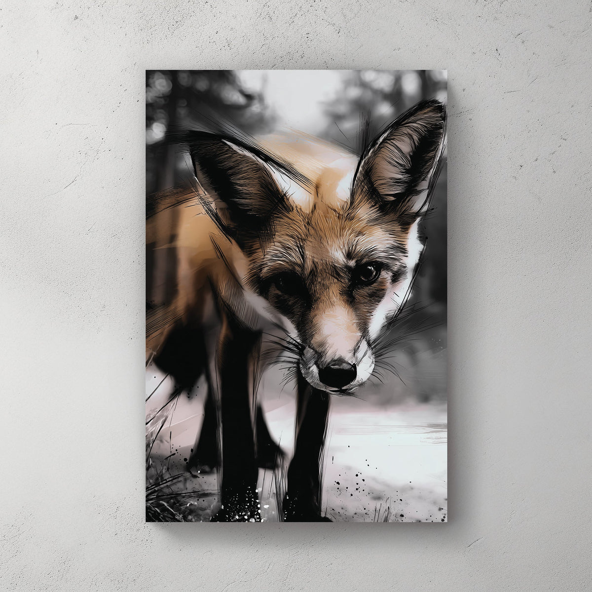 illustrated fox in forest close-up wall art with bold sketch lines