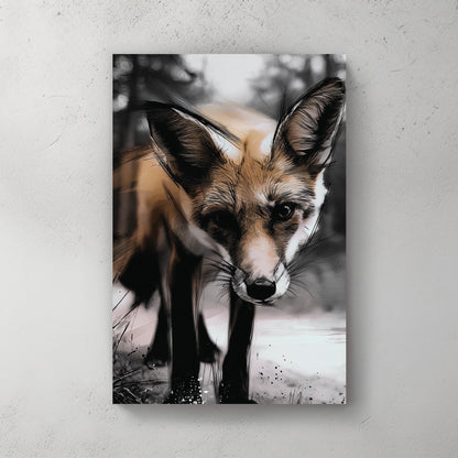 illustrated fox in forest close-up wall art with bold sketch lines