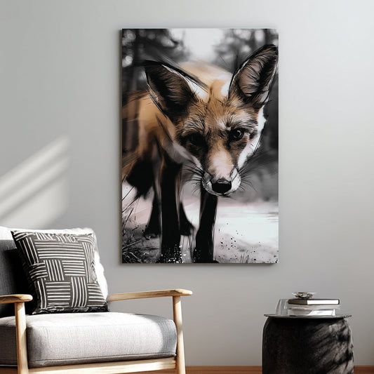 illustrated fox in forest close-up wall art with bold sketch lines
