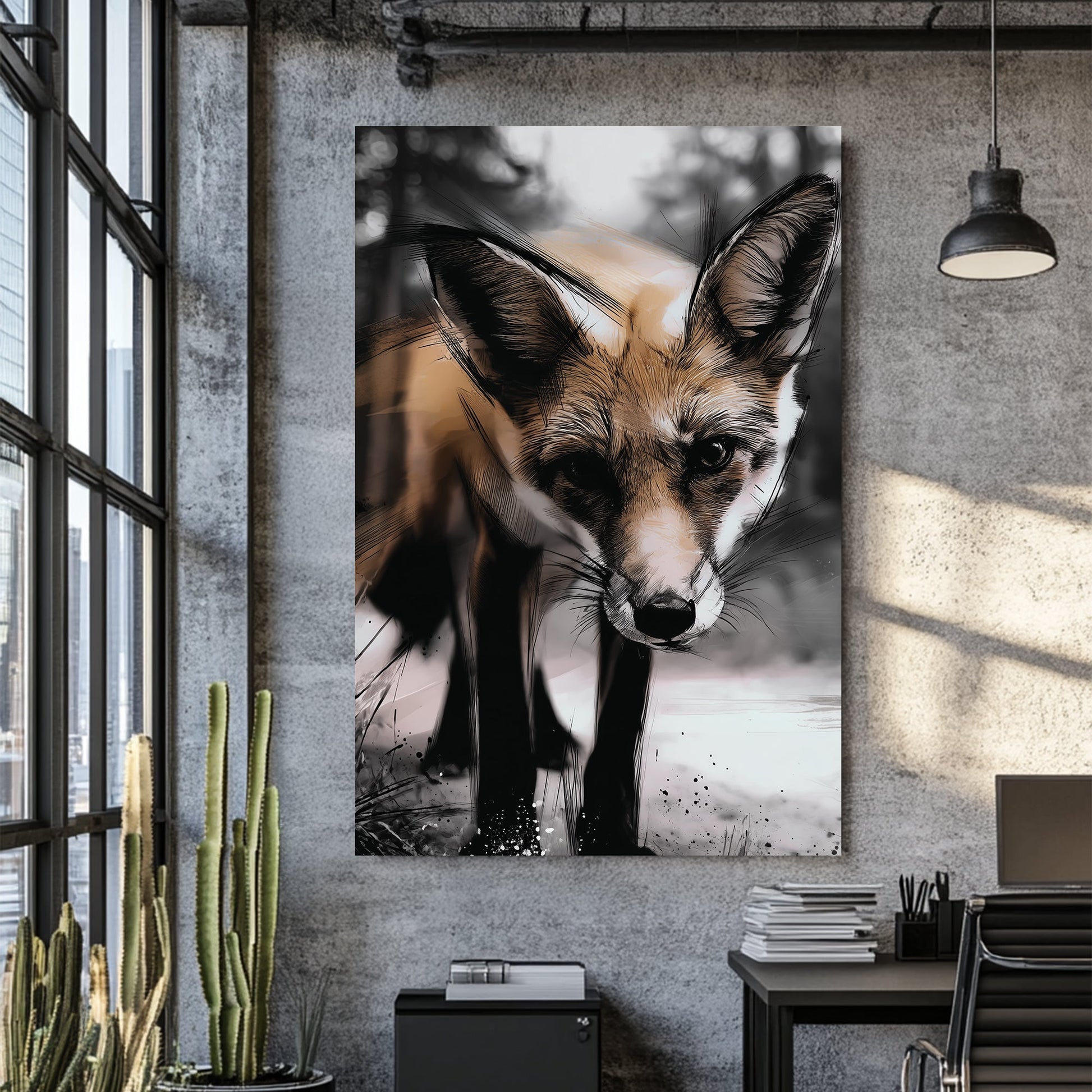 illustrated fox in forest close-up wall art with bold sketch lines