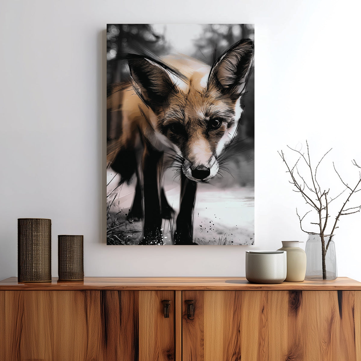 illustrated fox in forest close-up wall art with bold sketch lines