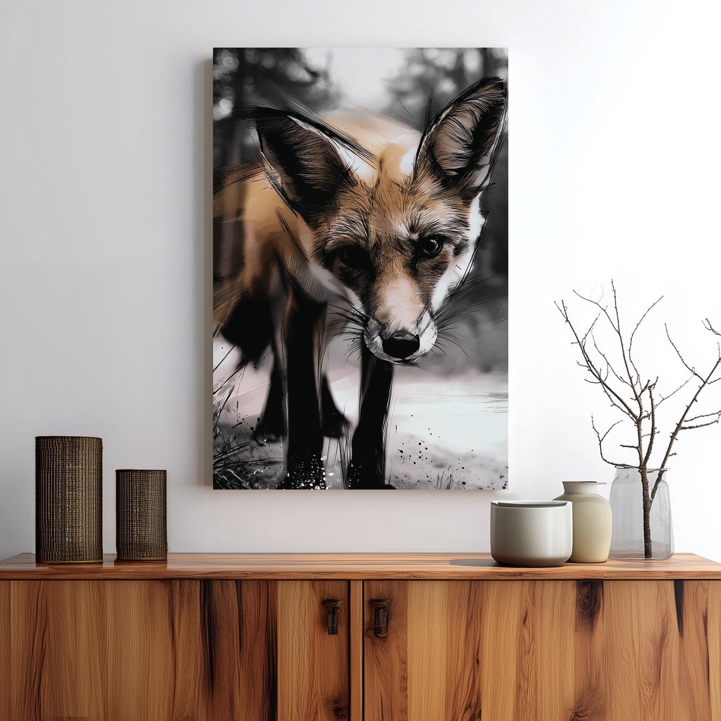 illustrated fox in forest close-up wall art with bold sketch lines