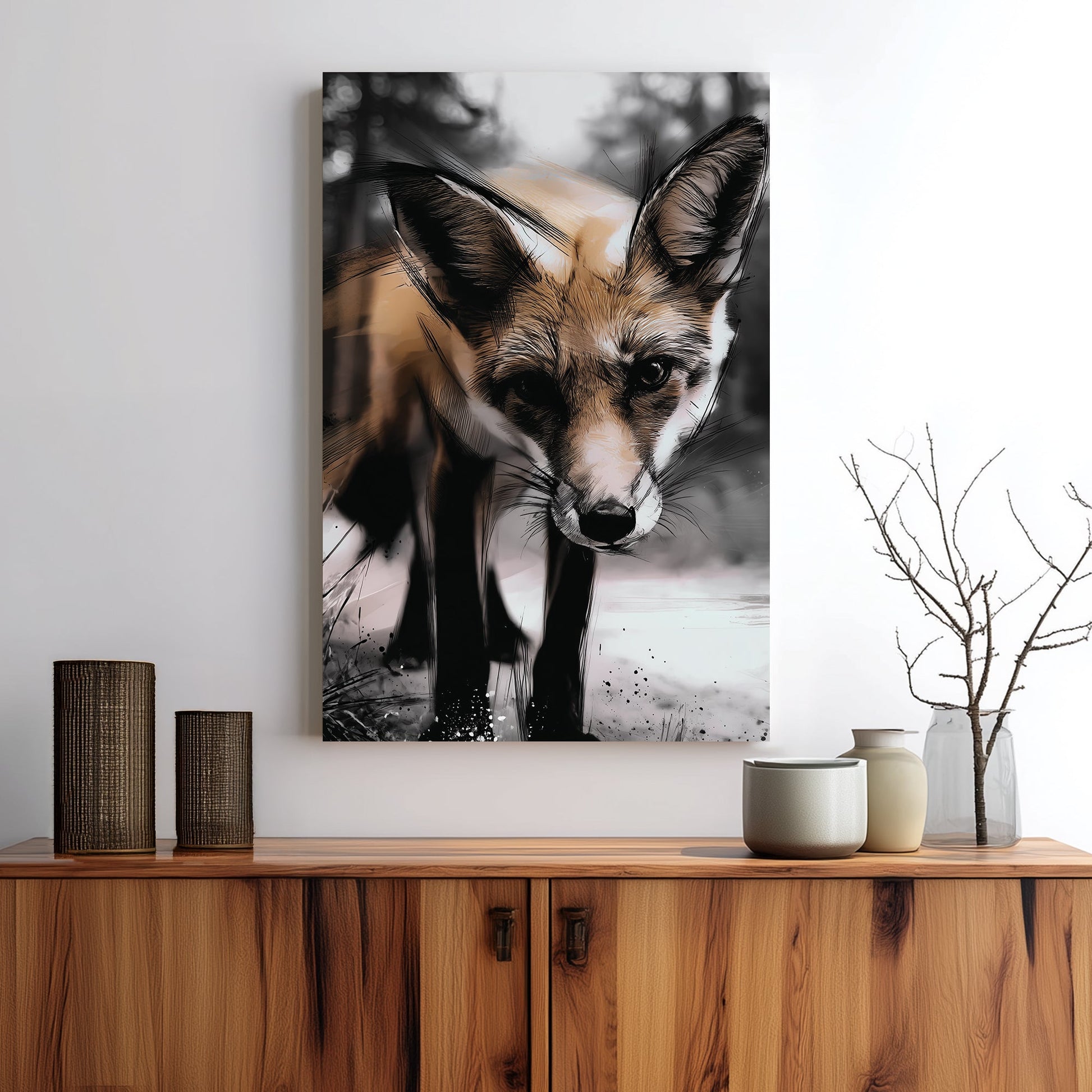 illustrated fox in forest close-up wall art with bold sketch lines