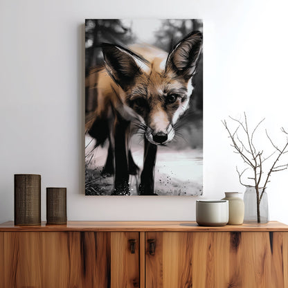 illustrated fox in forest close-up wall art with bold sketch lines