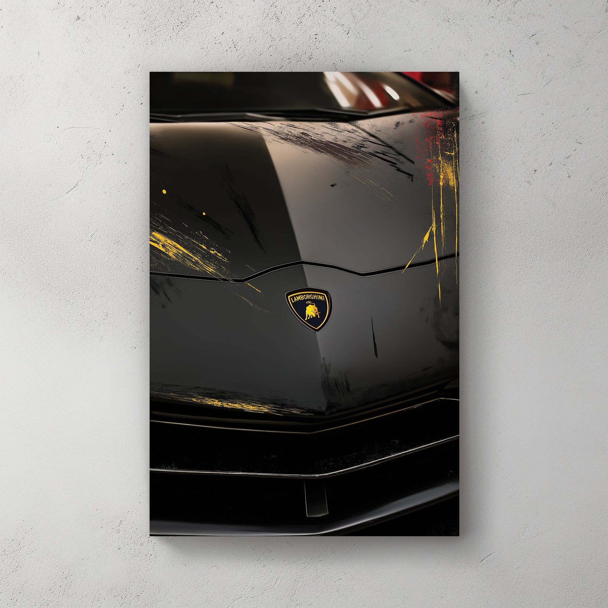 black Lamborghini hood with yellow and red streaks wall art