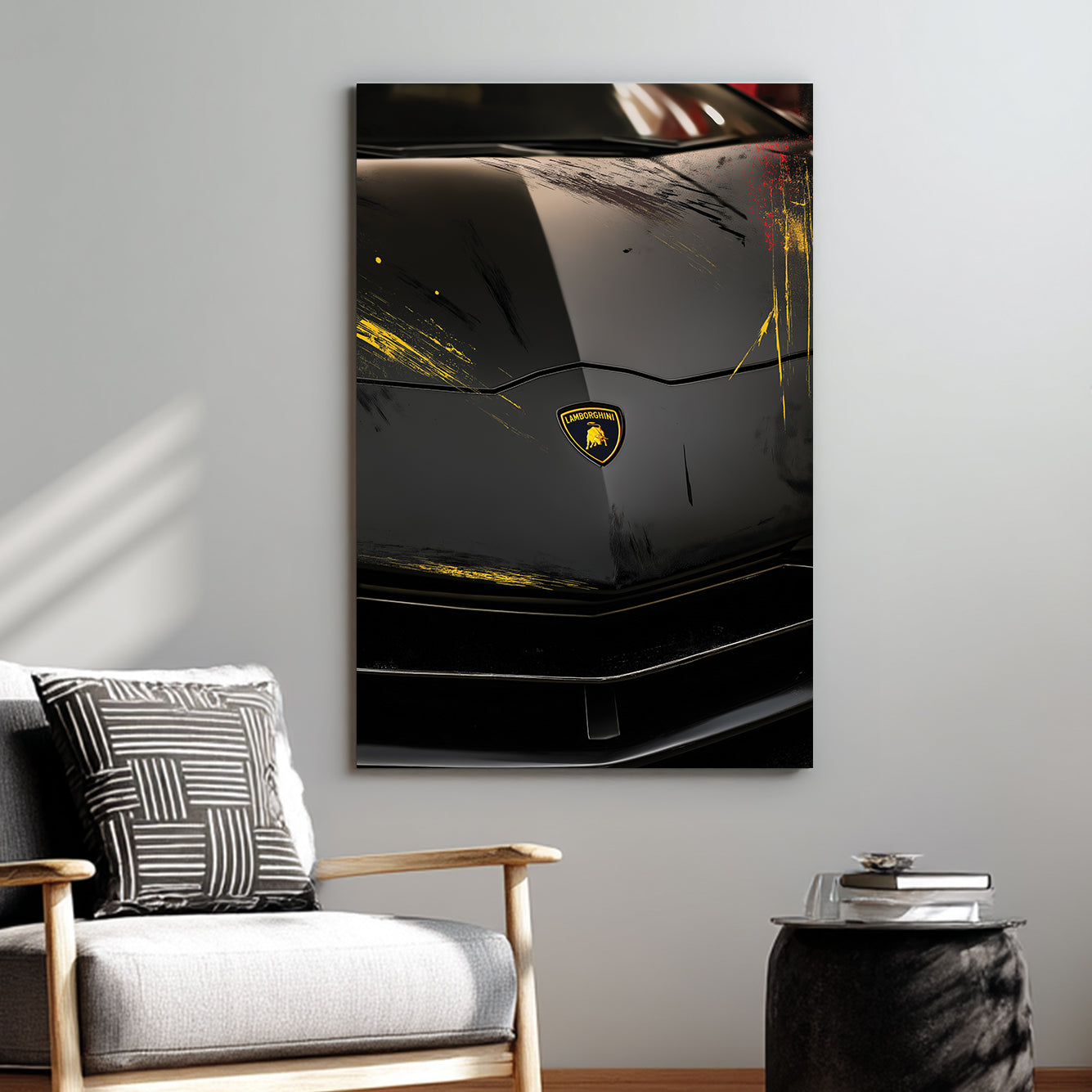 black Lamborghini hood with yellow and red streaks wall art