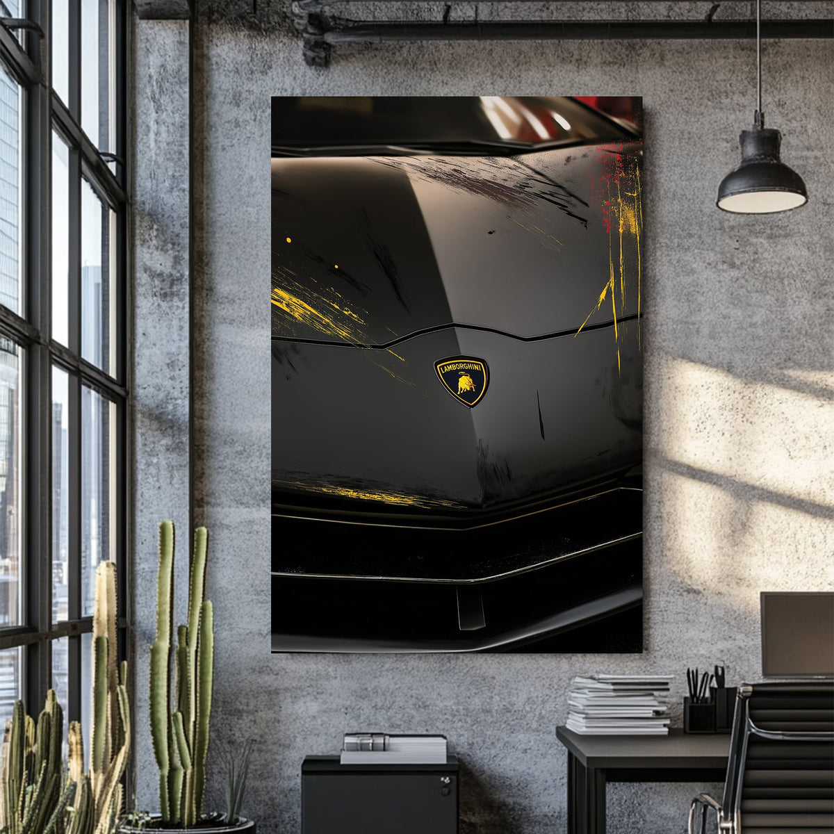 black Lamborghini hood with yellow and red streaks wall art