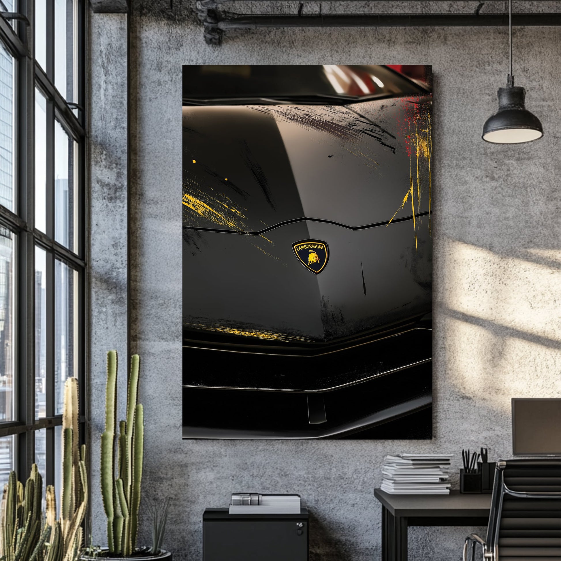black Lamborghini hood with yellow and red streaks wall art