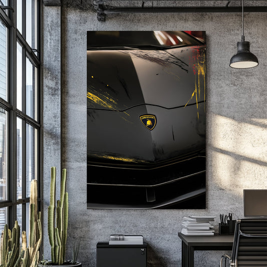 black Lamborghini hood with yellow and red streaks wall art