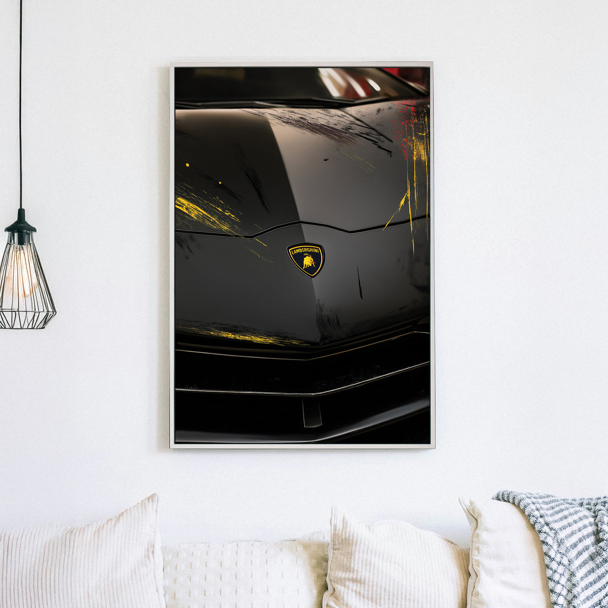 black Lamborghini hood with yellow and red streaks wall art