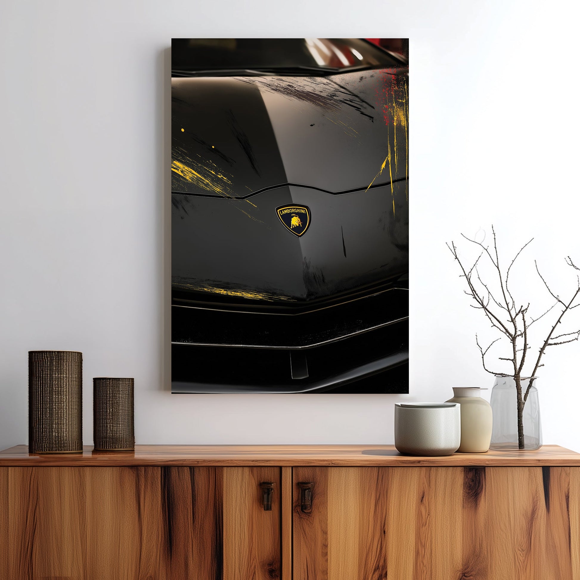 black Lamborghini hood with yellow and red streaks wall art