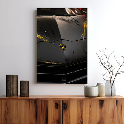 black Lamborghini hood with yellow and red streaks wall art