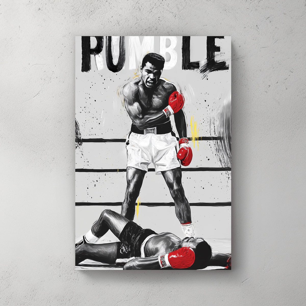 Muhammad Ali boxing knockout scene wall art with bold red gloves and RUMBLE text
