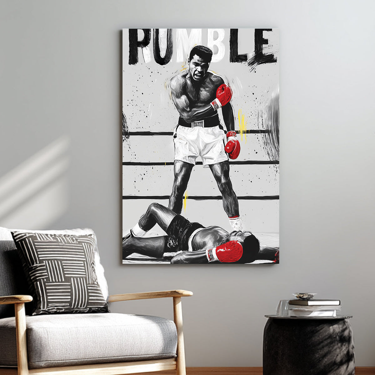 Muhammad Ali boxing knockout scene wall art with bold red gloves and RUMBLE text
