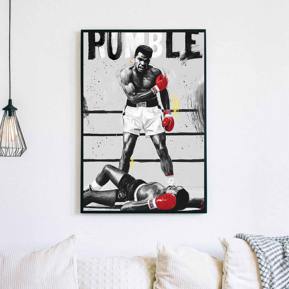 Muhammad Ali boxing knockout scene wall art with bold red gloves and RUMBLE text