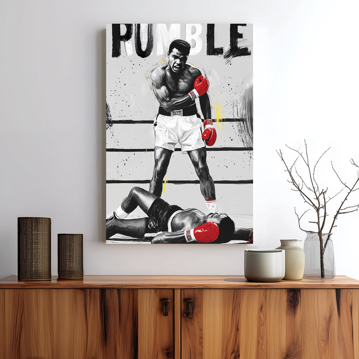 Muhammad Ali boxing knockout scene wall art with bold red gloves and RUMBLE text