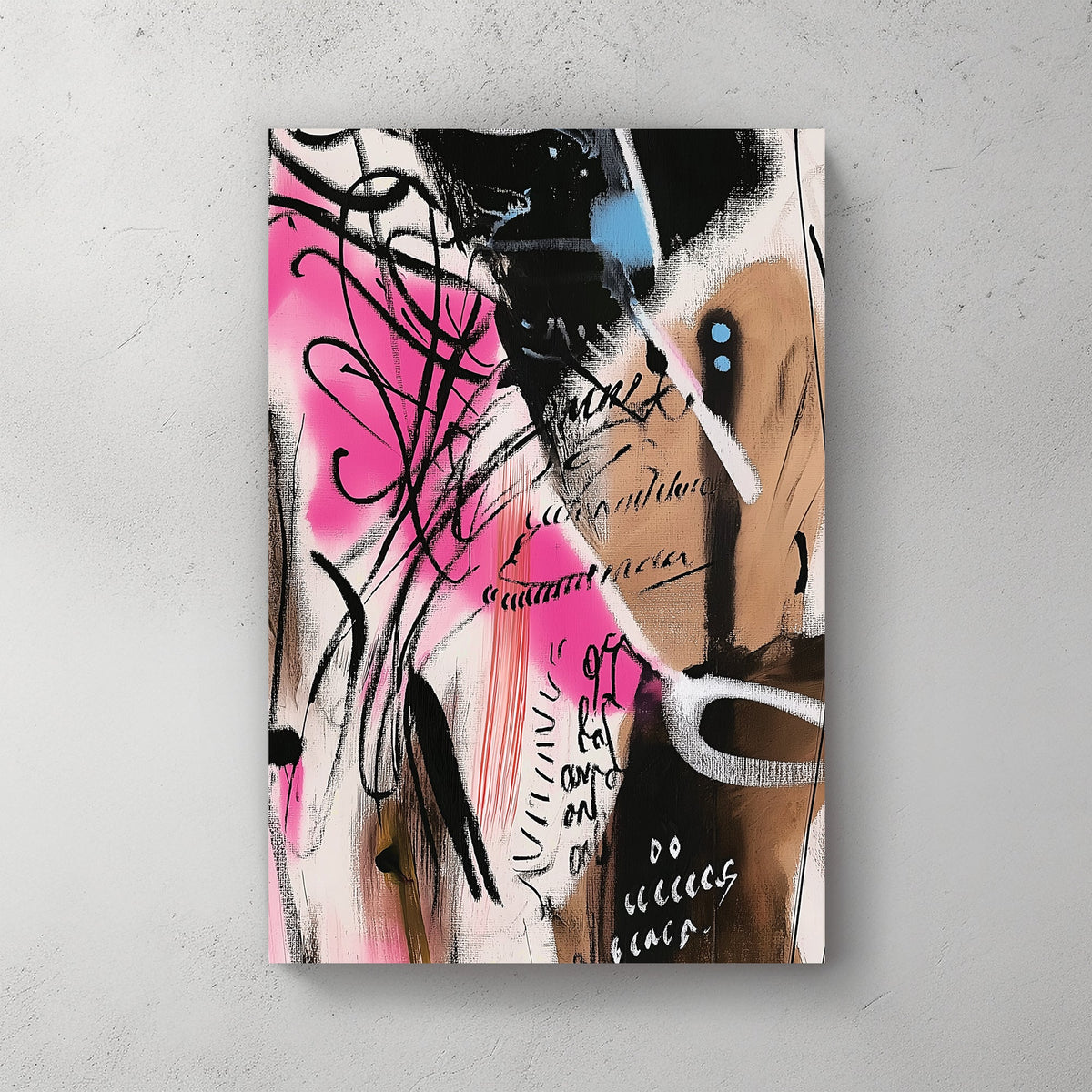 abstract graffiti-inspired wall art with pink accents and expressive text marks