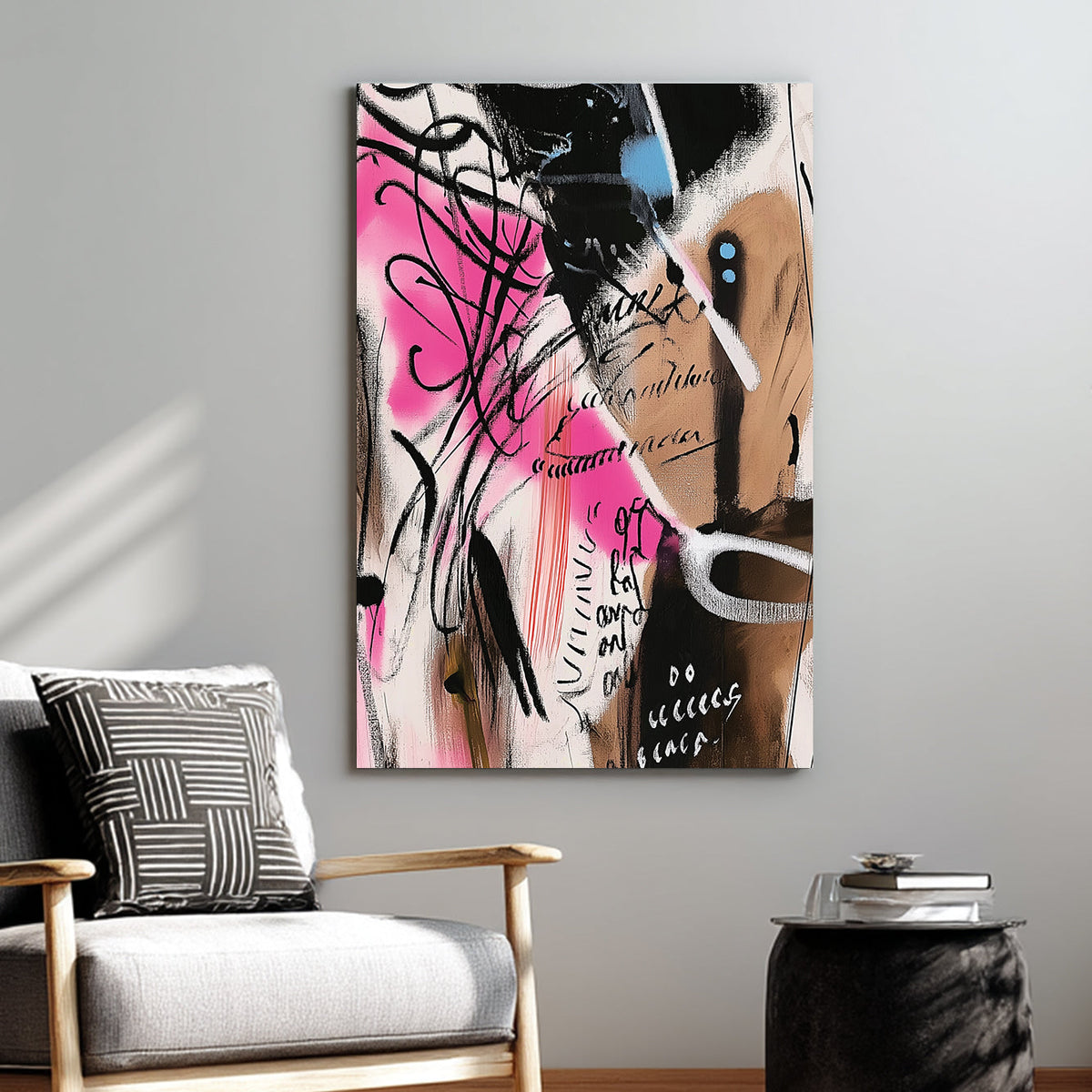 abstract graffiti-inspired wall art with pink accents and expressive text marks