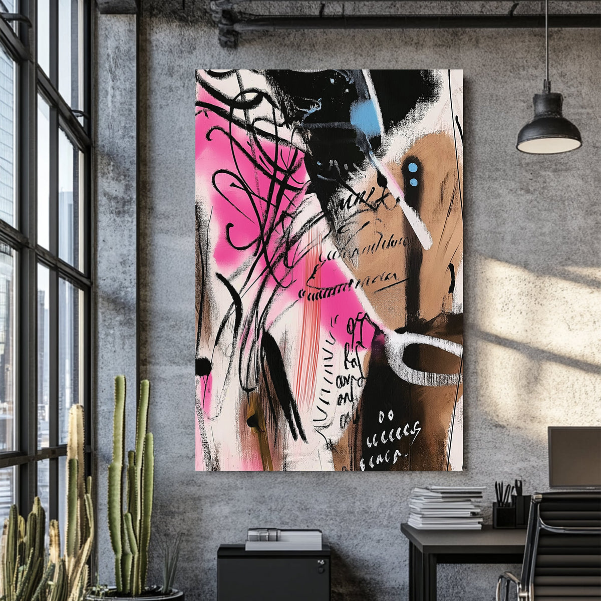 abstract graffiti-inspired wall art with pink accents and expressive text marks