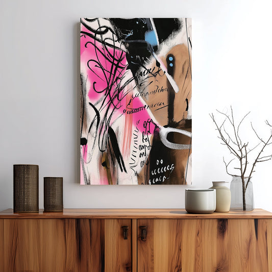 abstract graffiti-inspired wall art with pink accents and expressive text marks