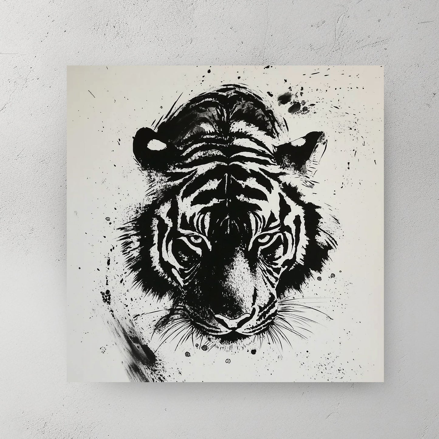 black and white tiger wall art with expressive ink splatter style