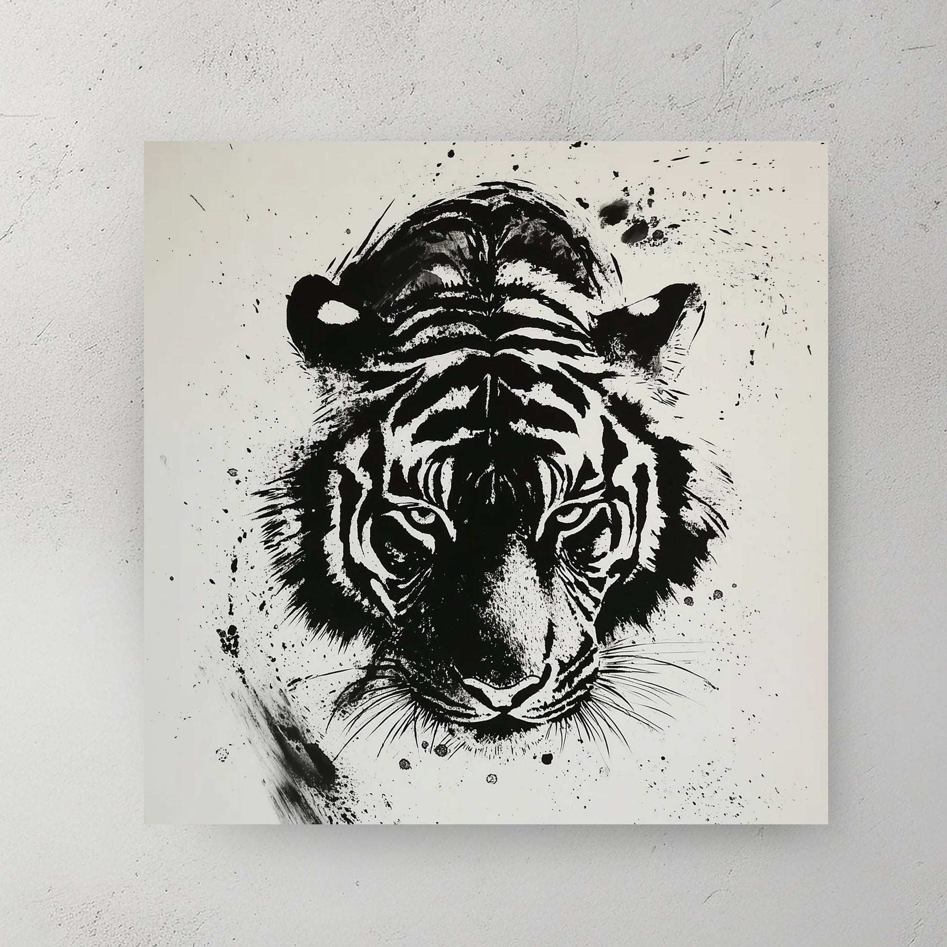 black and white tiger wall art with expressive ink splatter style