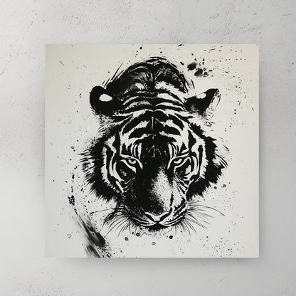 black and white tiger wall art with expressive ink splatter style