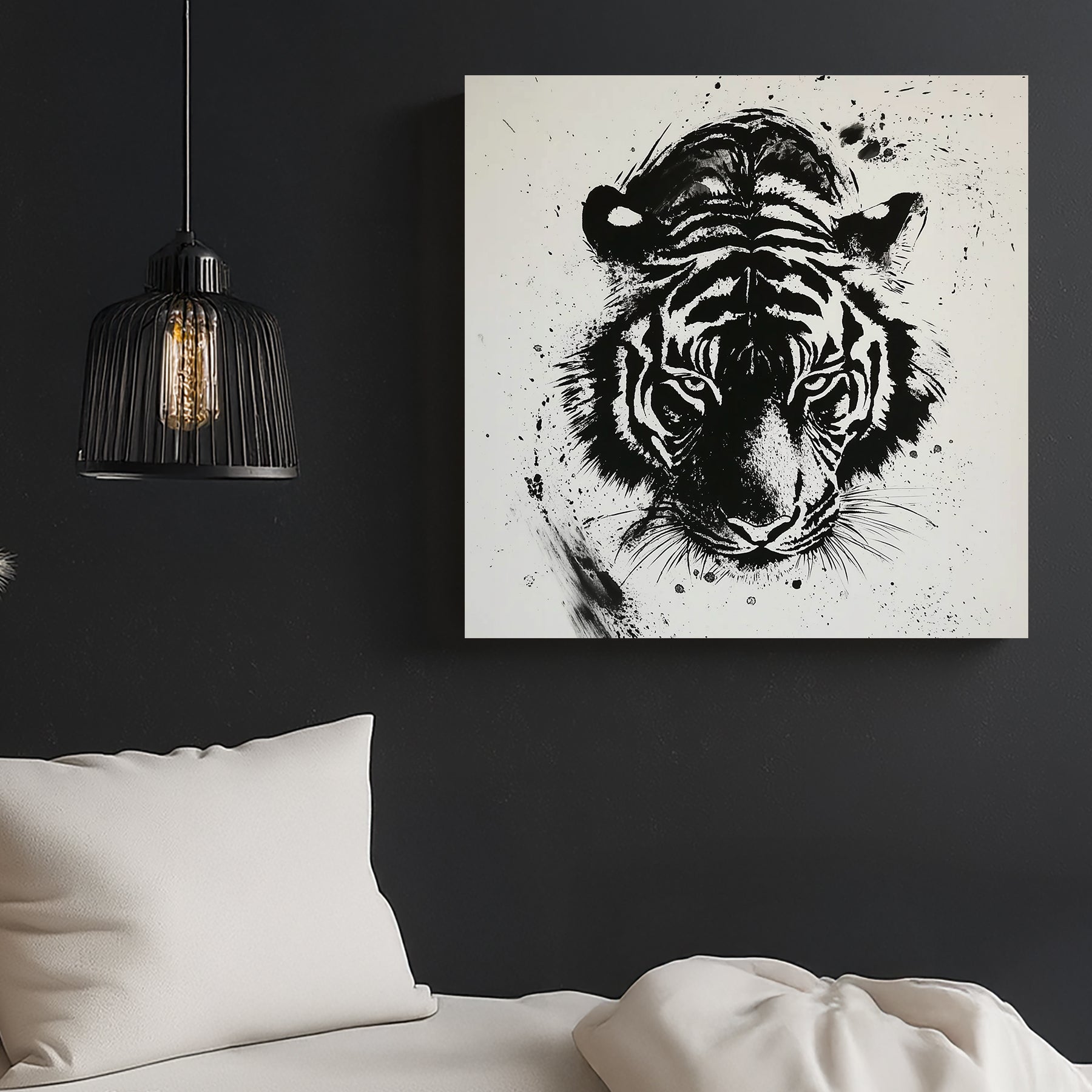 black and white tiger wall art with expressive ink splatter style