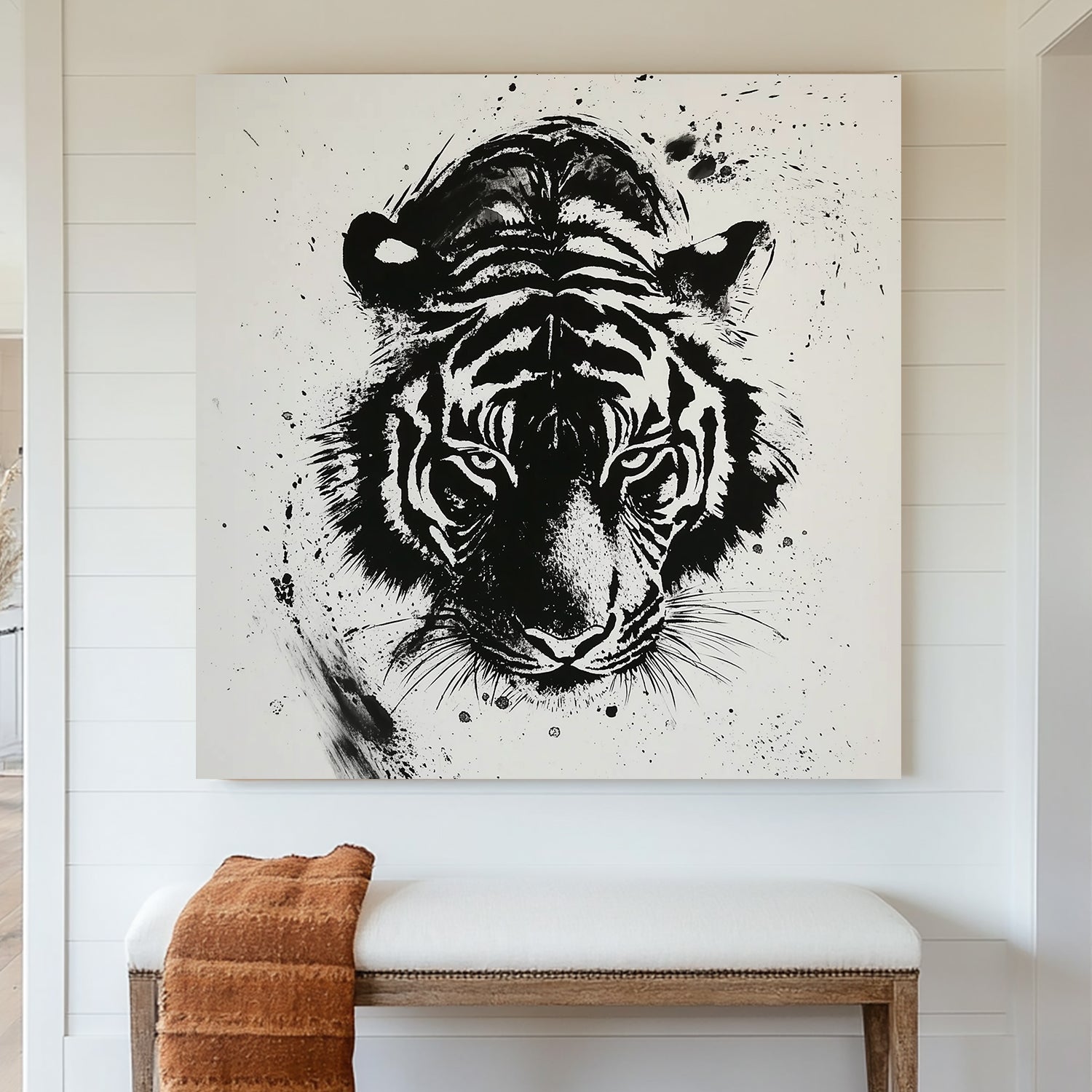 black and white tiger wall art with expressive ink splatter style