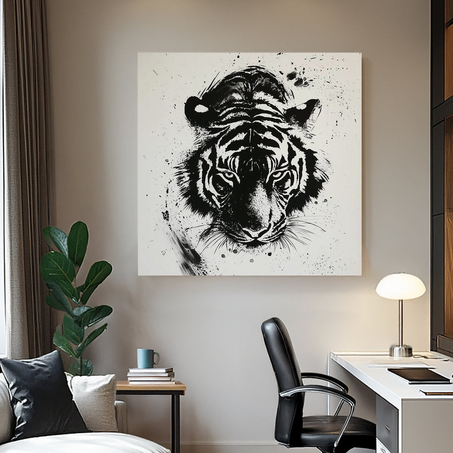 black and white tiger wall art with expressive ink splatter style